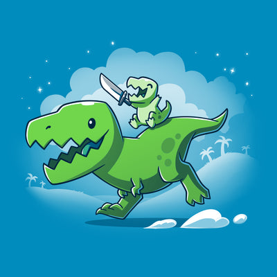 Premium Cotton T-shirt_Teeturtle cobalt blue Prehistoric Playtime apparel featuring a tiny t-rex holding a sword, riding on the back of a larger t-rex.