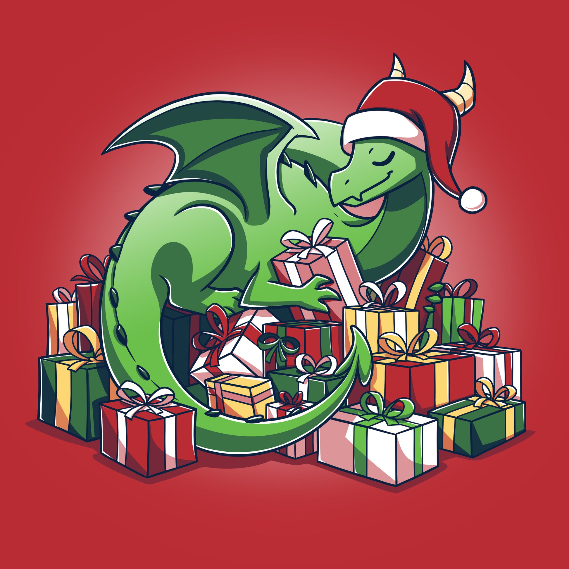 A green dragon with a Santa hat surrounded by Present Hoarder presents from TeeTurtle.
