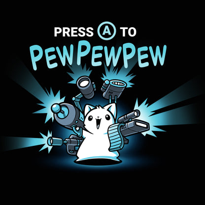 Premium Cotton T-shirt_TeeTurtle black Press A to PEWPEWPEW apparel featuring a cat holding a lot of guns.