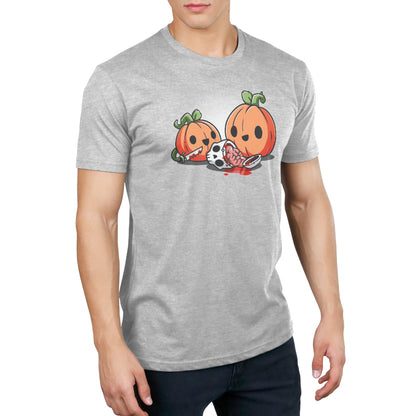A man wearing a grey Pumpkin Carving t-shirt from TeeTurtle, showcasing his love for pumpkin carving.