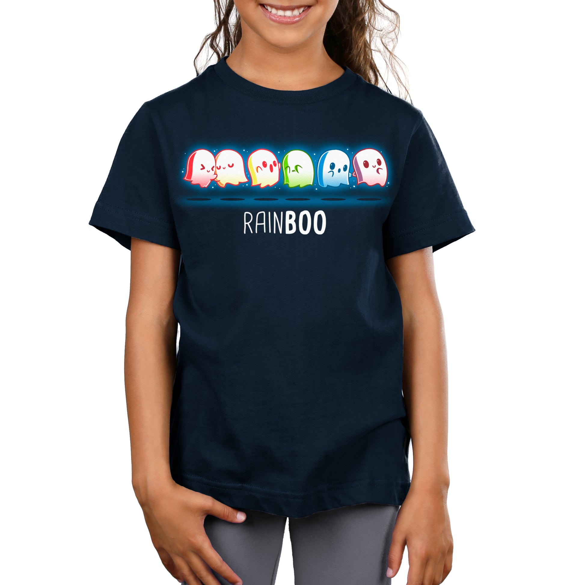 A girl wearing a black t-shirt with the TeeTurtle logo and the word "Rainboo" written on it.