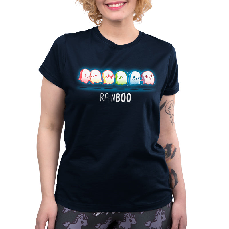 A women's black t-shirt with the word Rainboo by TeeTurtle on it.