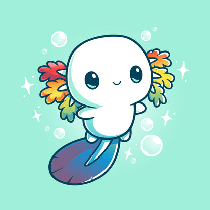 A cute Rainbow Axolotl floating in the comfort of TeeTurtle-filled water.