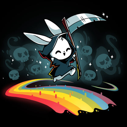 A Rainbow Reaper bunny flying over a rainbow on a TeeTurtle T-shirt.