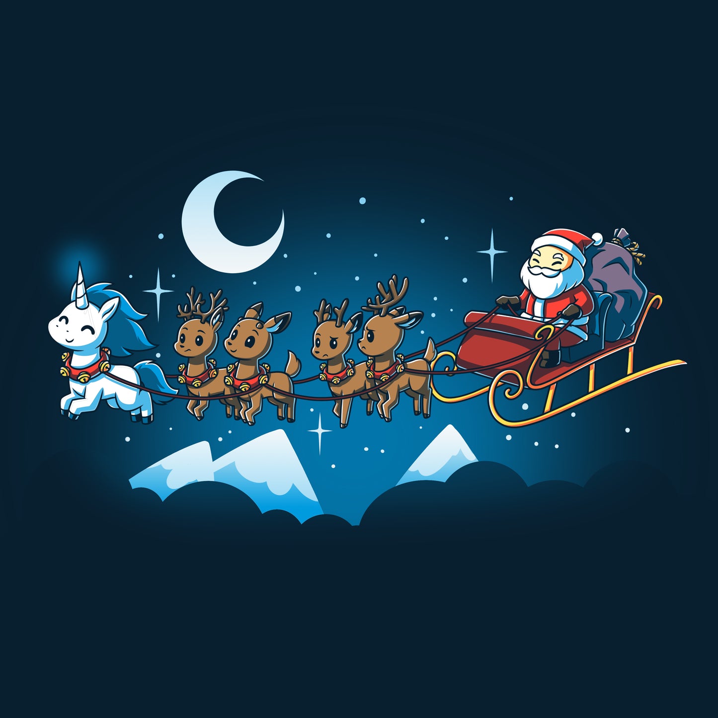 Santa Claus and his reindeer zoom across the night sky in a navy blue sleigh, spreading holiday cheer. Whether printed on a t-shirt or depicted as Santa's Favorite Unicorn by TeeTurtle, this whimsical scene captures the.