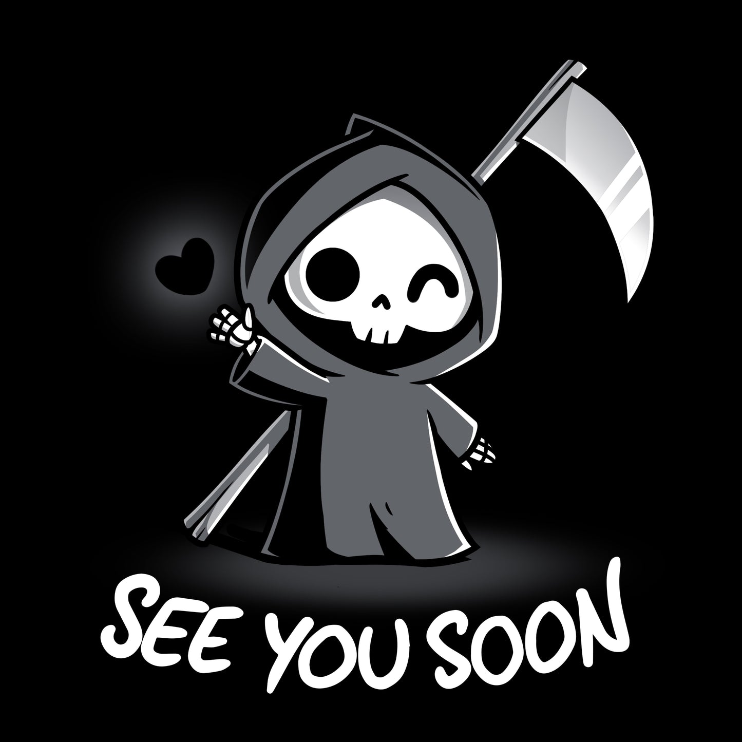 A skeleton wearing a black t-shirt holds a scythe, offering a small comfort by saying "See You Soon" – TeeTurtle.