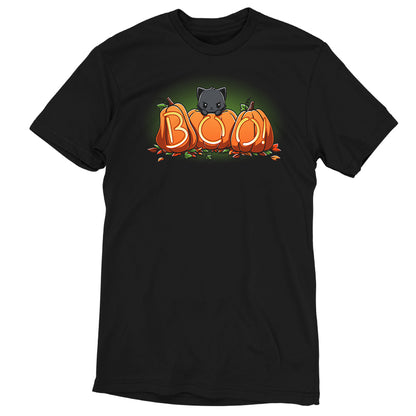 A black Pumpkin Kitty TeeTurtle t-shirt with the word boo on it, perfect for spooky season.
