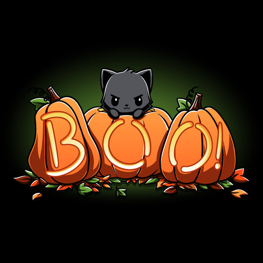 A TeeTurtle Pumpkin Kitty, featured in a TeeTurtle original design, sits on top of pumpkins with the word boo written on them during Spooky season.