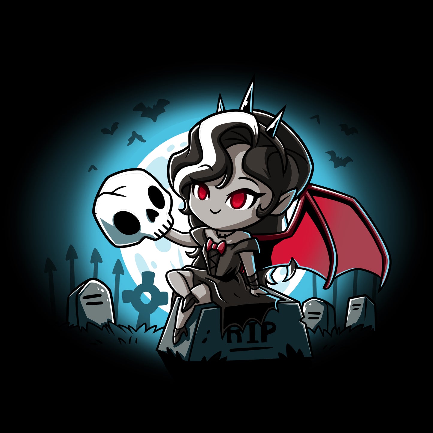 A Vampire Princess black t-shirt featuring a cartoon devil sitting on a grave with a skull by TeeTurtle.