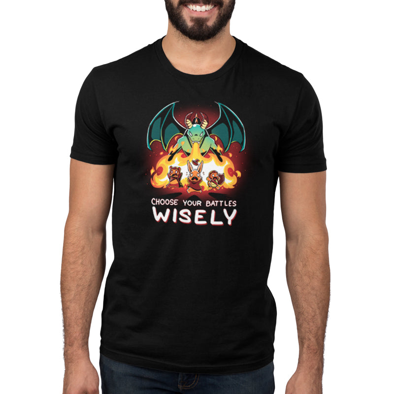 A man wearing a black t-shirt that says "Choose Your Battles Wisely" by TeeTurtle, providing iron comfort and perfect fit.