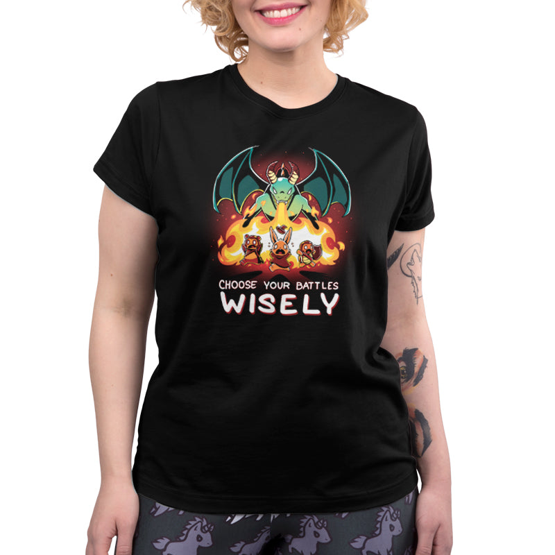 A women's TeeTurtle Choose Your Battles Wisely black t-shirt with a wise saying.