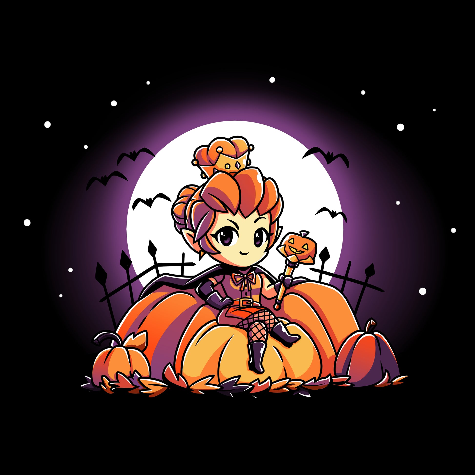 A TeeTurtle Pumpkin Queen cartoon girl sitting on pumpkins in front of a full moon on a black t-shirt.