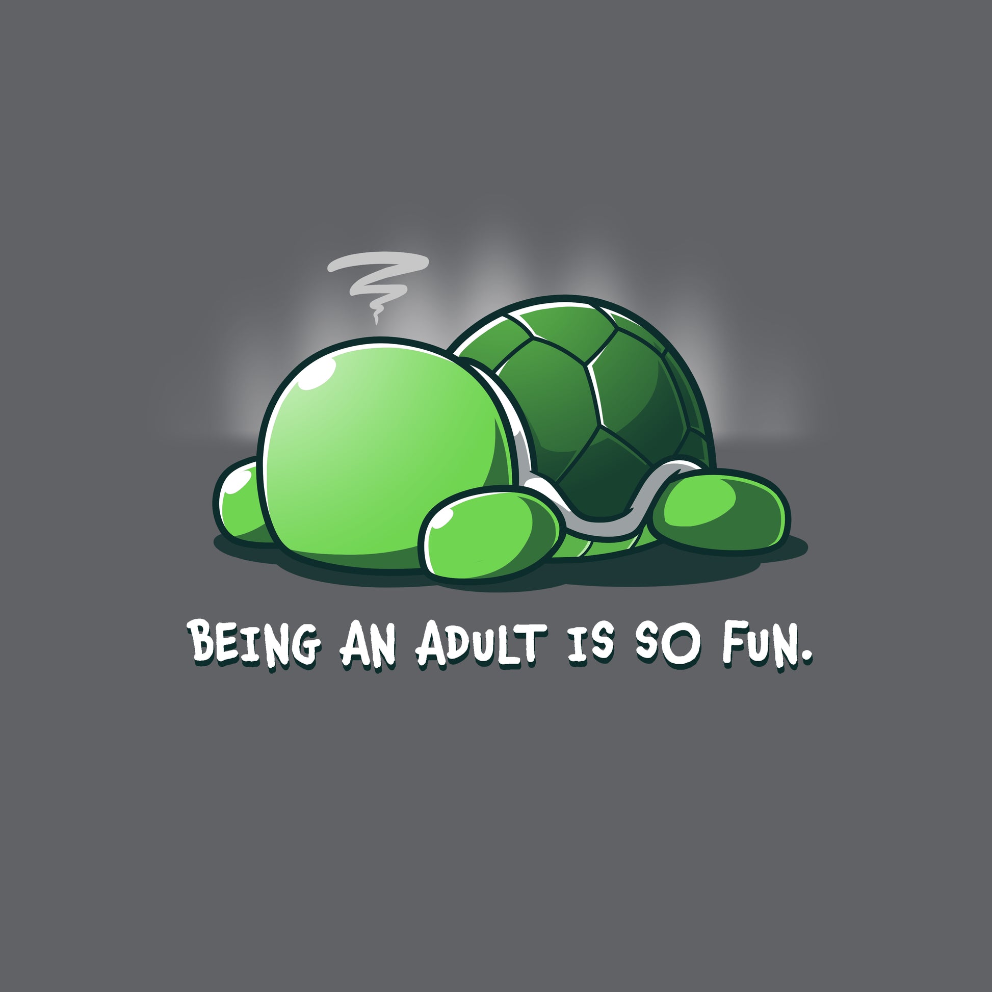 Premium Cotton T-shirt - Cartoon turtle lying face down with a stressed expression, accompanied by the text "Being an adult is so fun." Available on a super soft ringspun cotton charcoal gray tee, this monsterdigital Being An Adult Is So Fun adult humor apparel perfectly captures the trials of adulthood.