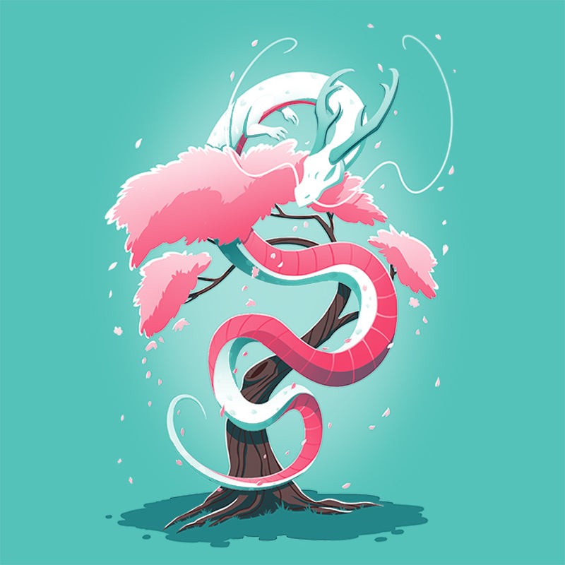 TeeTurtle's Cherry Blossom Dragon on a tree with cherry blossoms.