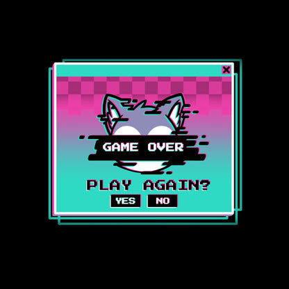 A stylized game over screen with a cat head graphic and the text "GAME OVER." Below, it asks "PLAY AGAIN?" with "YES" and "NO" options. The background is a gradient of pink and turquoise—perfect for a Game Over, Play Again? T-shirt made from super soft ringspun cotton by monsterdigital!
