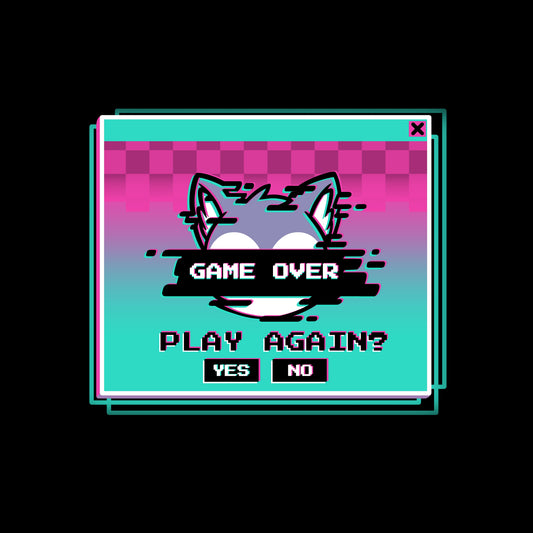 A stylized game over screen with a cat head graphic and the text 