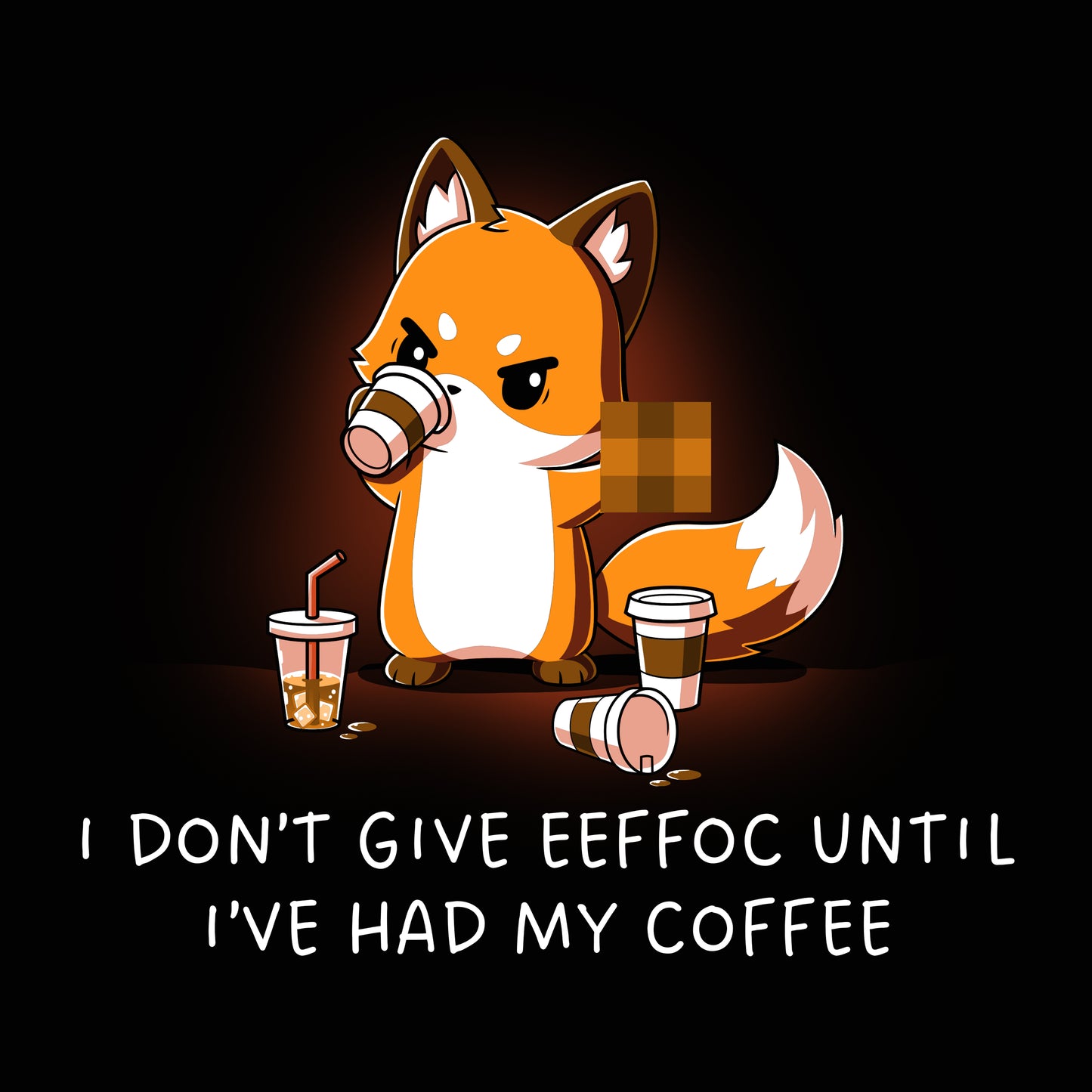 A Don't Give Eeffoc cartoon fox holding TeeTurtle coffee cups, perfect for coffee lovers and those who enjoy a cozy coffee time.