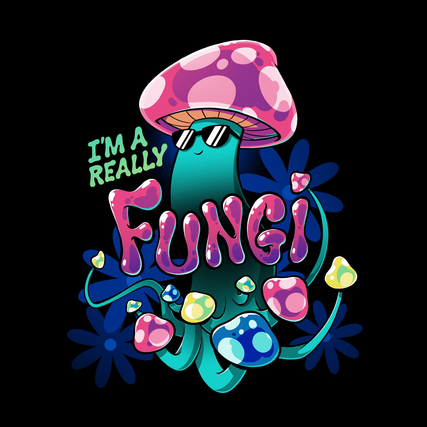 Premium Cotton T-shirt_TeeTurtle I'm a Really Fungi black t-shirt featuring a psychedelic mushroom with sunglasses on surrounded by flowers.