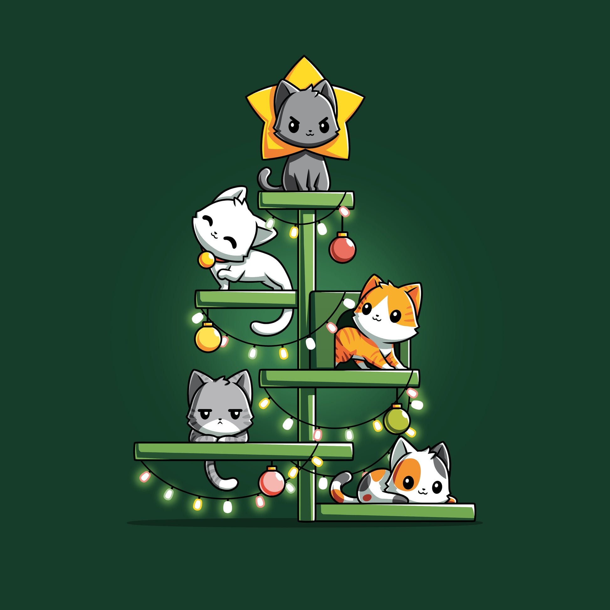 Illustration of five cats on a Christmas tree-shaped cat tower, decorated with ornaments and lights. Perfect for monsterdigital Kitty Christmas Tree shirts or a forest green T-shirt design!