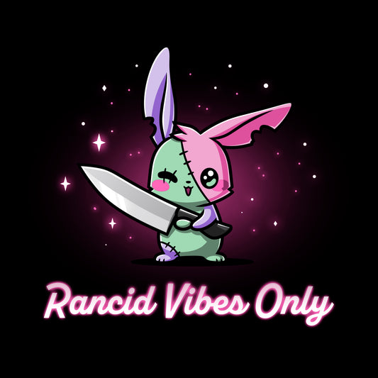 Cartoon bunny with mismatched ears holding a large knife, surrounded by sparkles. Text below the character reads 