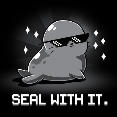 Premium Cotton T-shirt_Teeturtle Seal With It. Black Featuring a smug, sunglasses-wearing seal surrounded by sparkling diamonds with 'Seal with it.' written beneath.