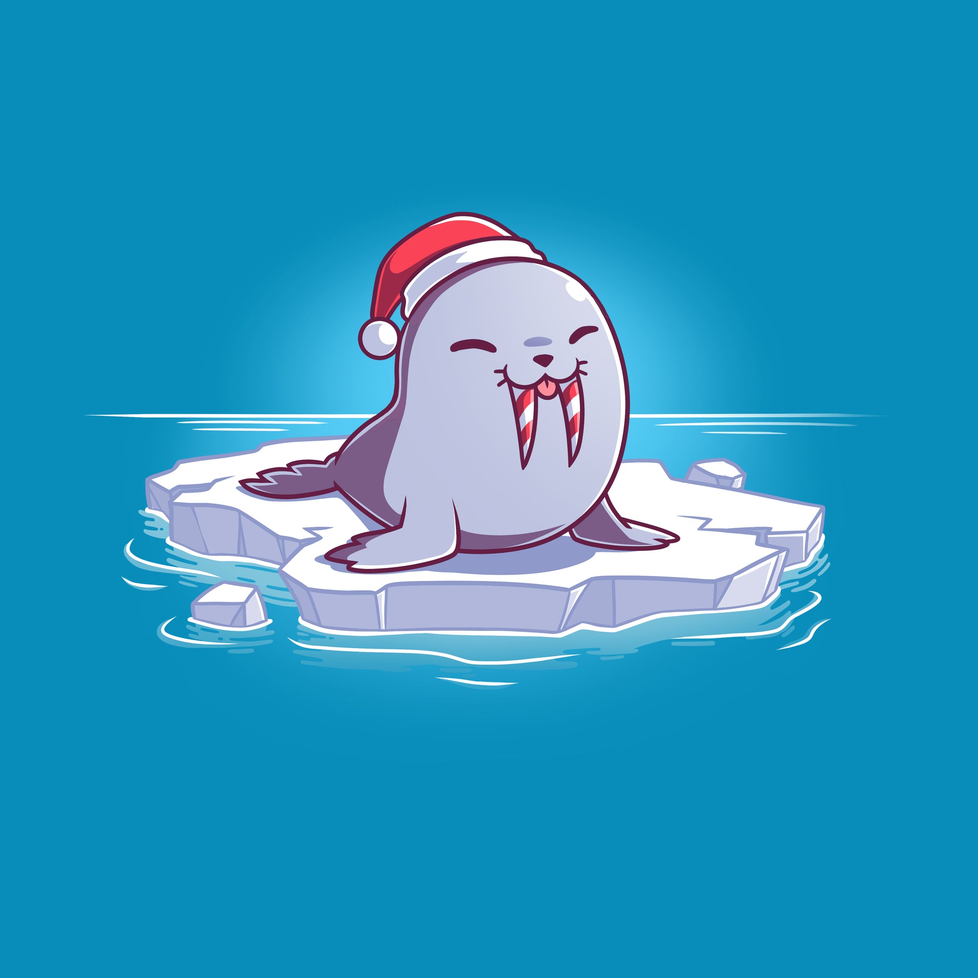 Premium Cotton T-shirt_TeeTurtle Sweet Tooth Cobalt Blue t-shirt featuring an illustration of a smiling walrus wearing a Santa hat, sitting on a floating ice. It's tusks are striped with red and white making them look like candy canes. It's also sticking out it's tongue. 