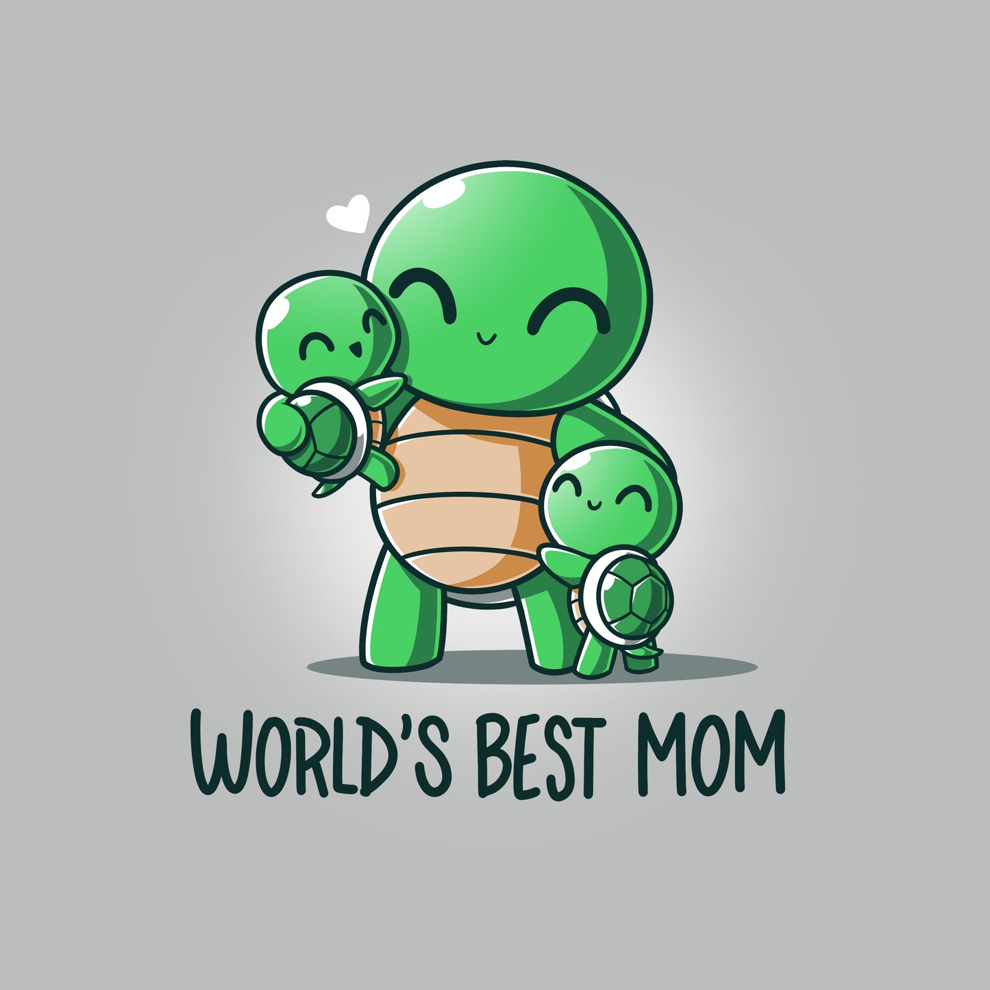 Premium Cotton T-shirt - Cartoon turtle mom holding one baby turtle and hugging another with the text "World's Best Mom apparel" below them. A small heart floats near her head. This design graces a super soft ringspun cotton unisex apparelcalled "World's Best Mom" by monsterdigital.