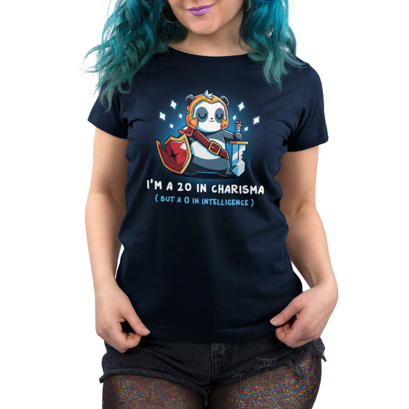A woman wearing a TeeTurtle "I'm a 20 in Charisma" t-shirt.