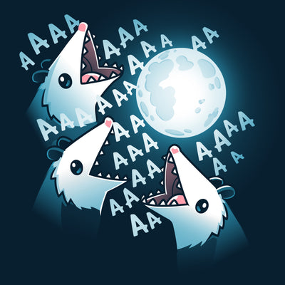 Premium Cotton T-shirt_TeeTurtle 3 Opossum Moon navy blue t-shirt featuring three opossums screaming at a glowing full moon with "AAA" repeated around their open mouths in this nature scene. 
