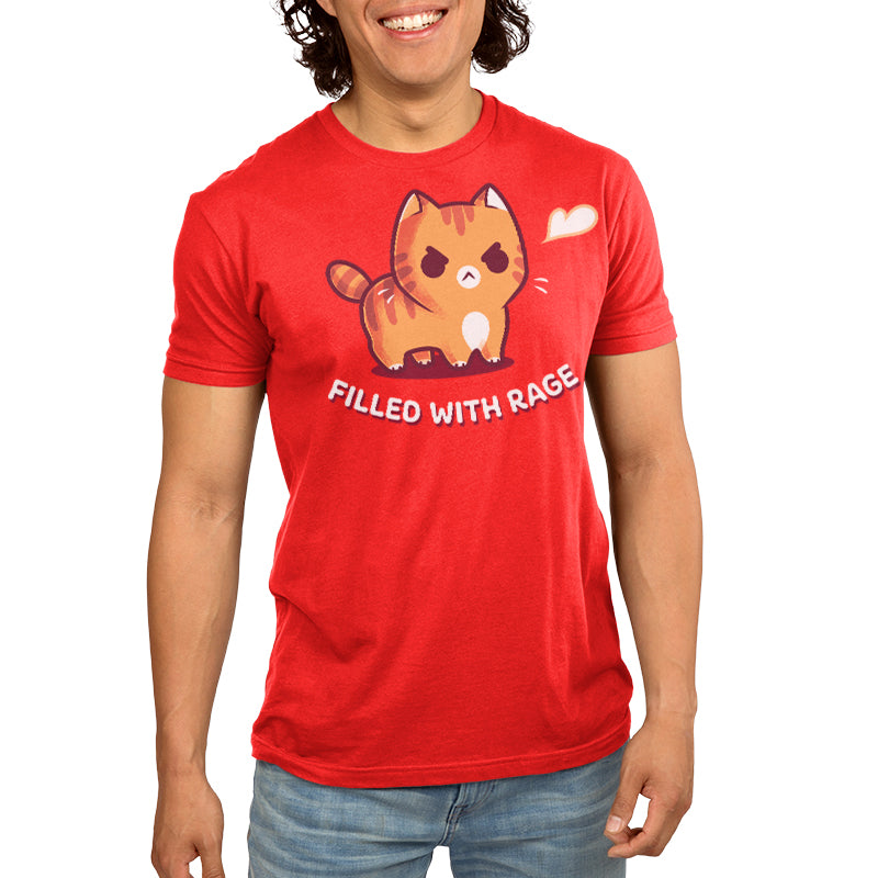 Men's Premium T-Shirt_TeeTurtle red Filled With Rage Men's Premium T-Shirt featuring an angry orange tabby cat puffed up with its tail raised and a small white puff beside it, with the text "Filled With Rage."