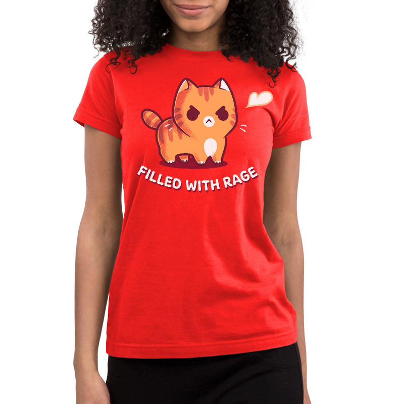 Women's Premium T-Shirt_TeeTurtle red Filled With Rage Women's Premium T-Shirt featuring an angry orange tabby cat puffed up with its tail raised and a small white puff beside it, with the text "Filled With Rage."