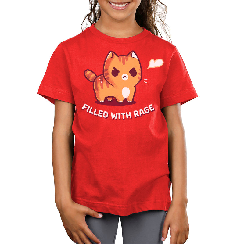 Kids' Classic T-Shirt_TeeTurtle red Filled With Rage Kids' Classic T-Shirt featuring an angry orange tabby cat puffed up with its tail raised and a small white puff beside it, with the text "Filled With Rage."