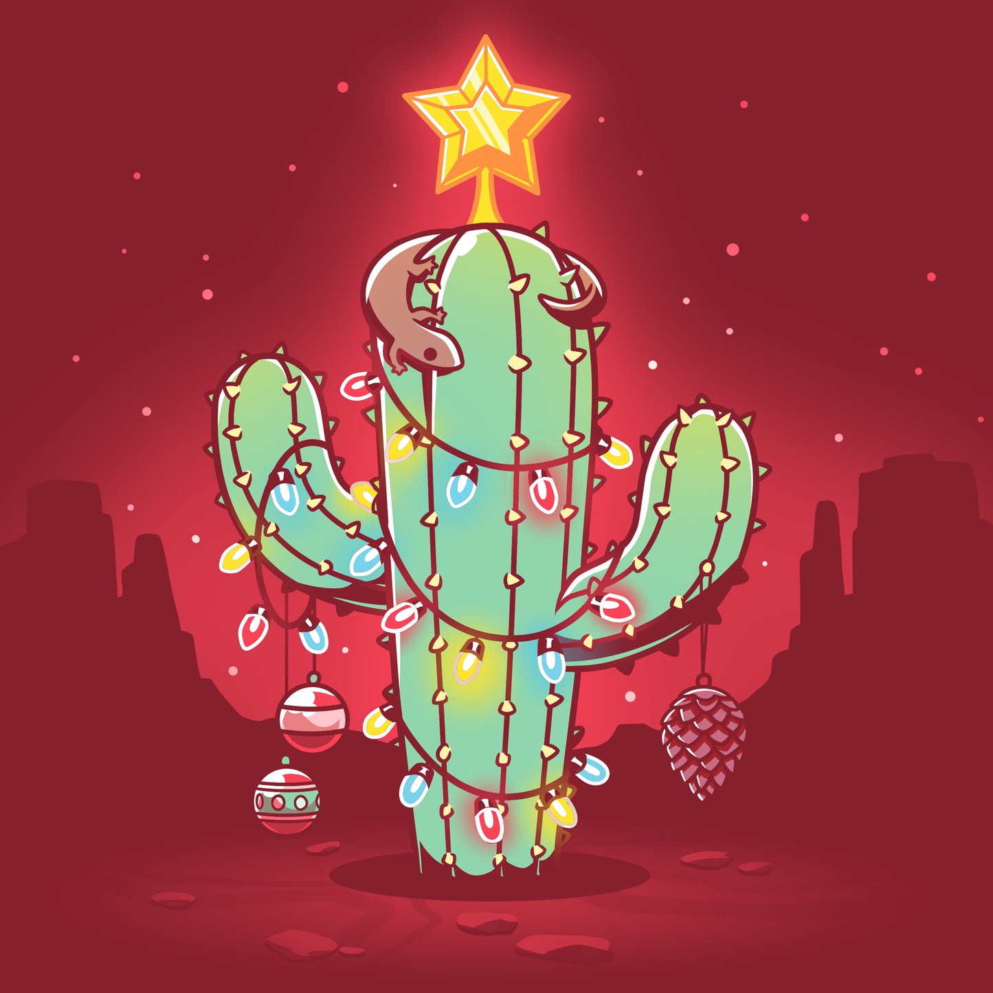 Get into the holiday spirit with a TeeTurtle Desert Christmas cactus adorned with twinkling Christmas lights and crowned with a shining star. This unique TeeTurtle original brings a touch of whimsy to your.