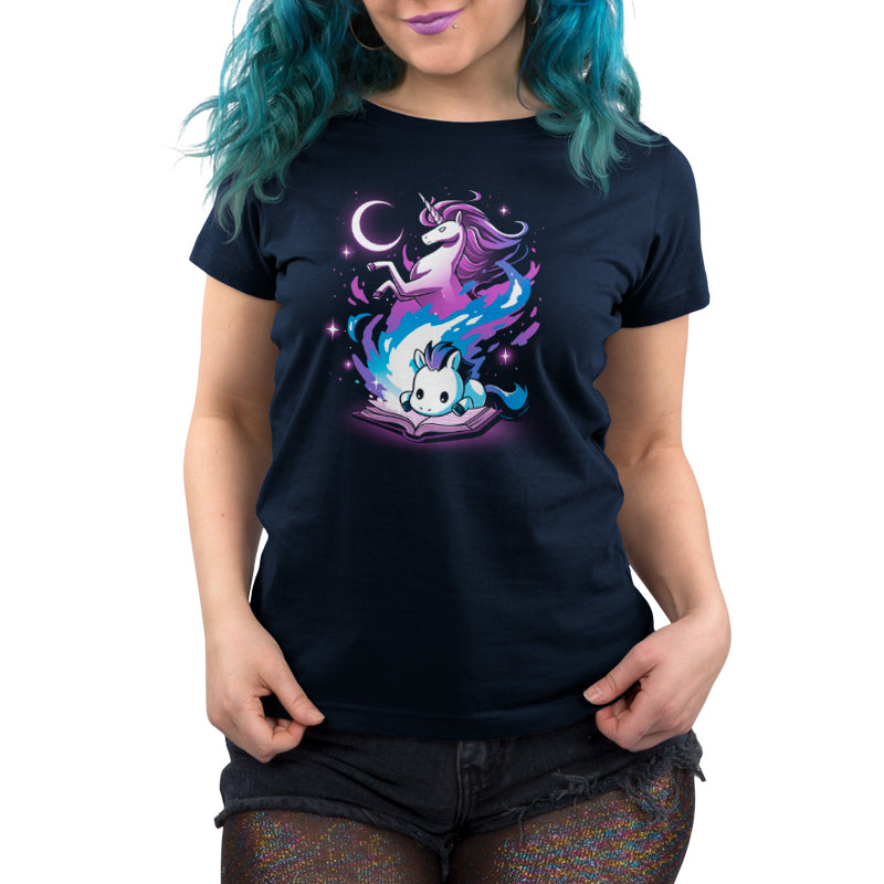A woman wearing a navy blue t-shirt with a unicorn on it, sparking "A Magical Tale" in your head.