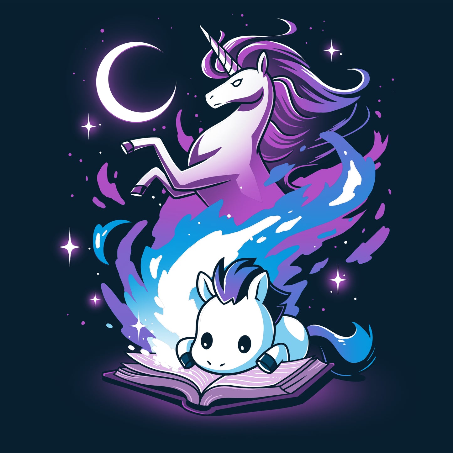 An image of a unicorn on "A Magical Tale" book by TeeTurtle with a moon in the background, combining comfort and fit.