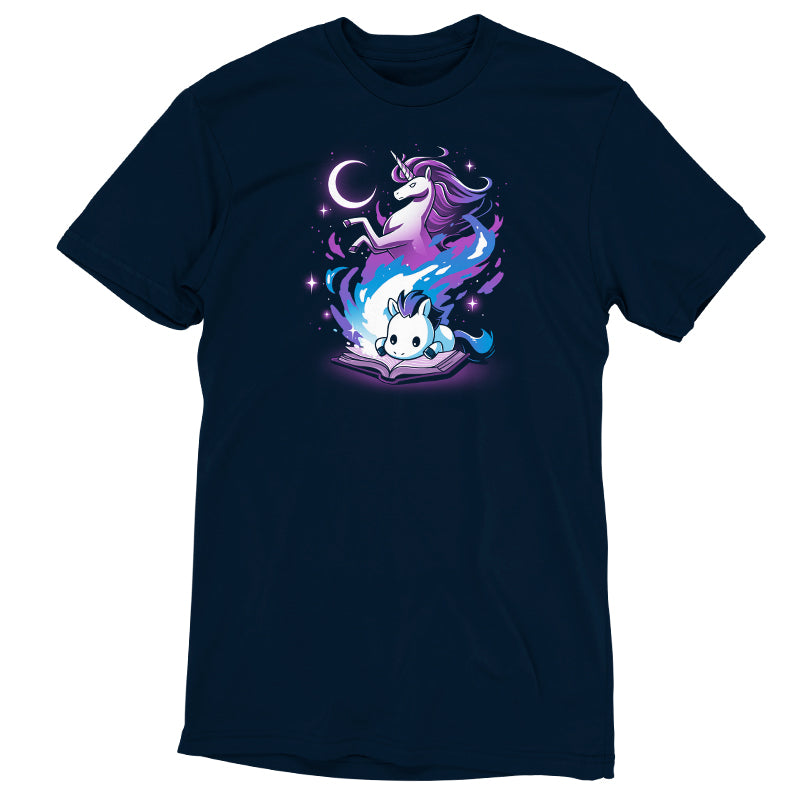 A Navy blue A Magical Tale T-shirt featuring a unicorn and moon image for maximum comfort. (Brand Name: TeeTurtle)
