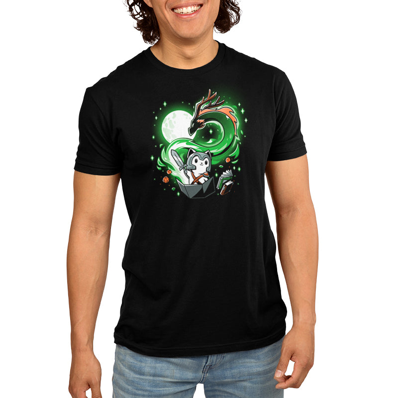 A man on a dark and stormy night, wearing a TeeTurtle black t-shirt with a green dragon on it, embarks on A Tale of Adventure by TeeTurtle.