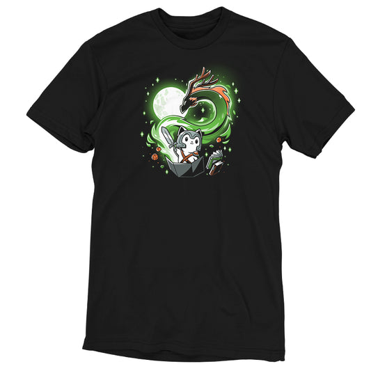 A black A Tale of Adventure t-shirt with a green dragon, perfect for an adventure-filled night from TeeTurtle.