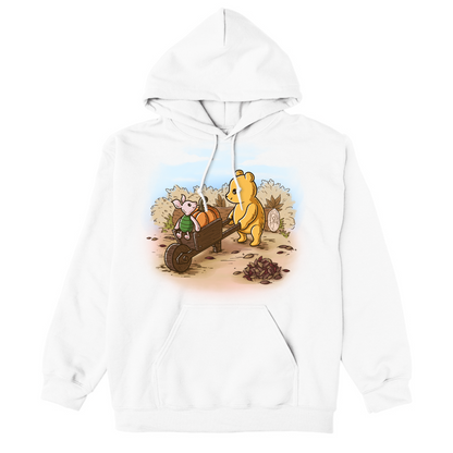 Pullover Hoodie_TeeTurtle white A Perfect Autumn Day Pullover Hoodie featuring a bear pulling a wagon filled with pumpkins while a little mouse rides along, surrounded by autumn bushes, fallen leaves, and tree stumps on a crisp fall day.