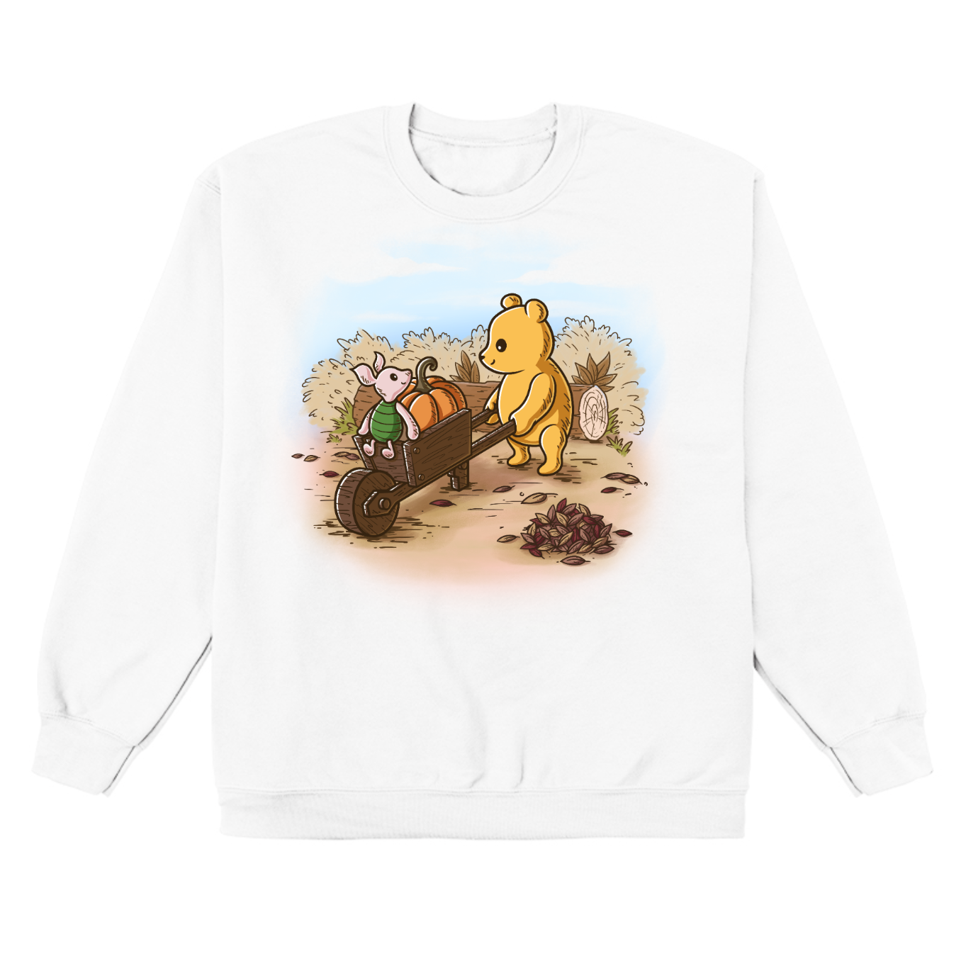 Crew Neck Sweatshirt_TeeTurtle white A Perfect Autumn Day Crew Neck Sweatshirt featuring a bear pulling a wagon filled with pumpkins while a little mouse rides along, surrounded by autumn bushes, fallen leaves, and tree stumps on a crisp fall day.