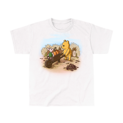 Classic Cotton T-shirt_TeeTurtle white A Perfect Autumn Day Classic Cotton T-shirt featuring a bear pulling a wagon filled with pumpkins while a little mouse rides along, surrounded by autumn bushes, fallen leaves, and tree stumps on a crisp fall day.