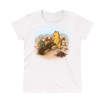 Classic Cotton T-shirt_TeeTurtle white A Perfect Autumn Day Classic Cotton T-shirt featuring a bear pulling a wagon filled with pumpkins while a little mouse rides along, surrounded by autumn bushes, fallen leaves, and tree stumps on a crisp fall day.