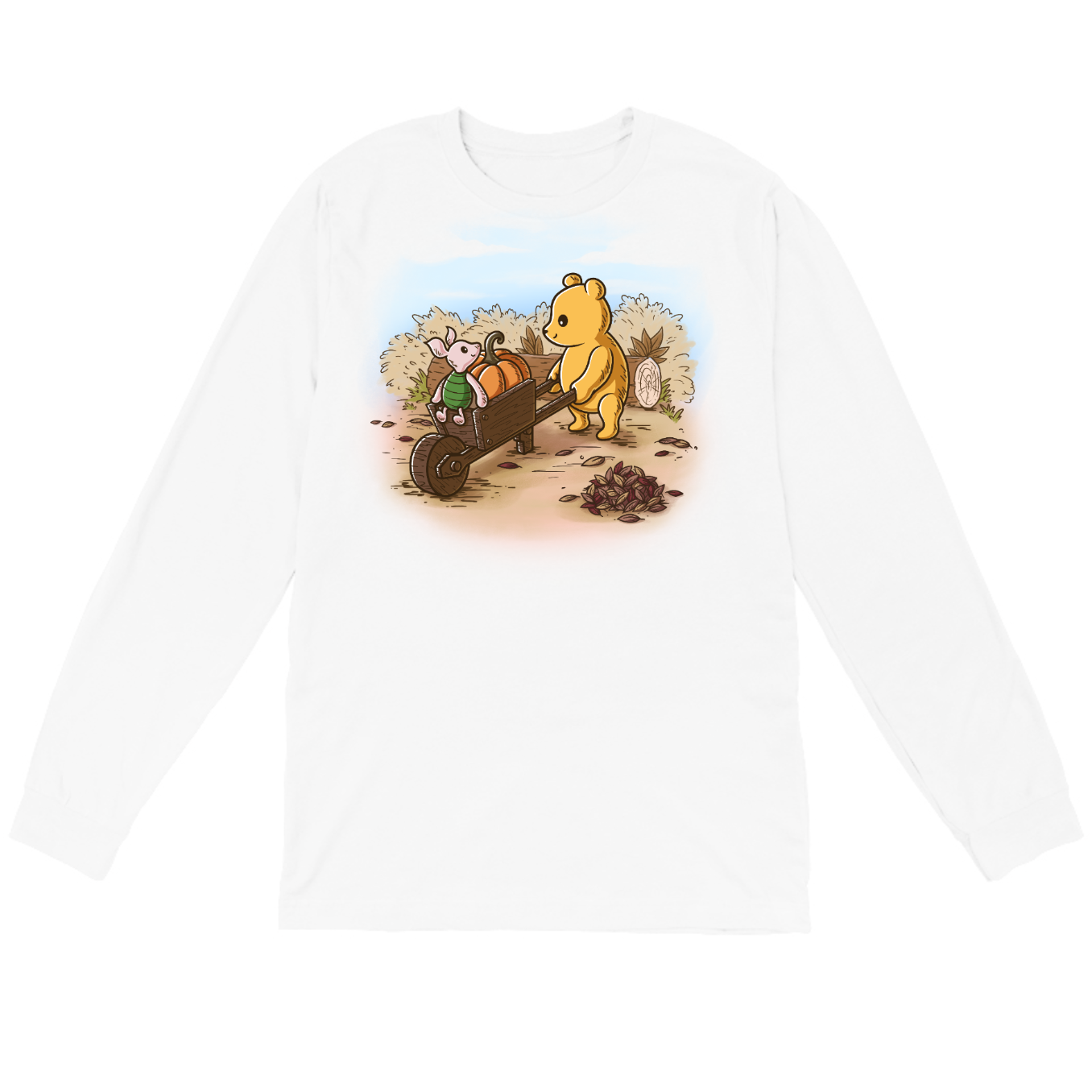 Long Sleeve T-shirt_TeeTurtle white A Perfect Autumn Day Long Sleeve T-shirt featuring a bear pulling a wagon filled with pumpkins while a little mouse rides along, surrounded by autumn bushes, fallen leaves, and tree stumps on a crisp fall day.