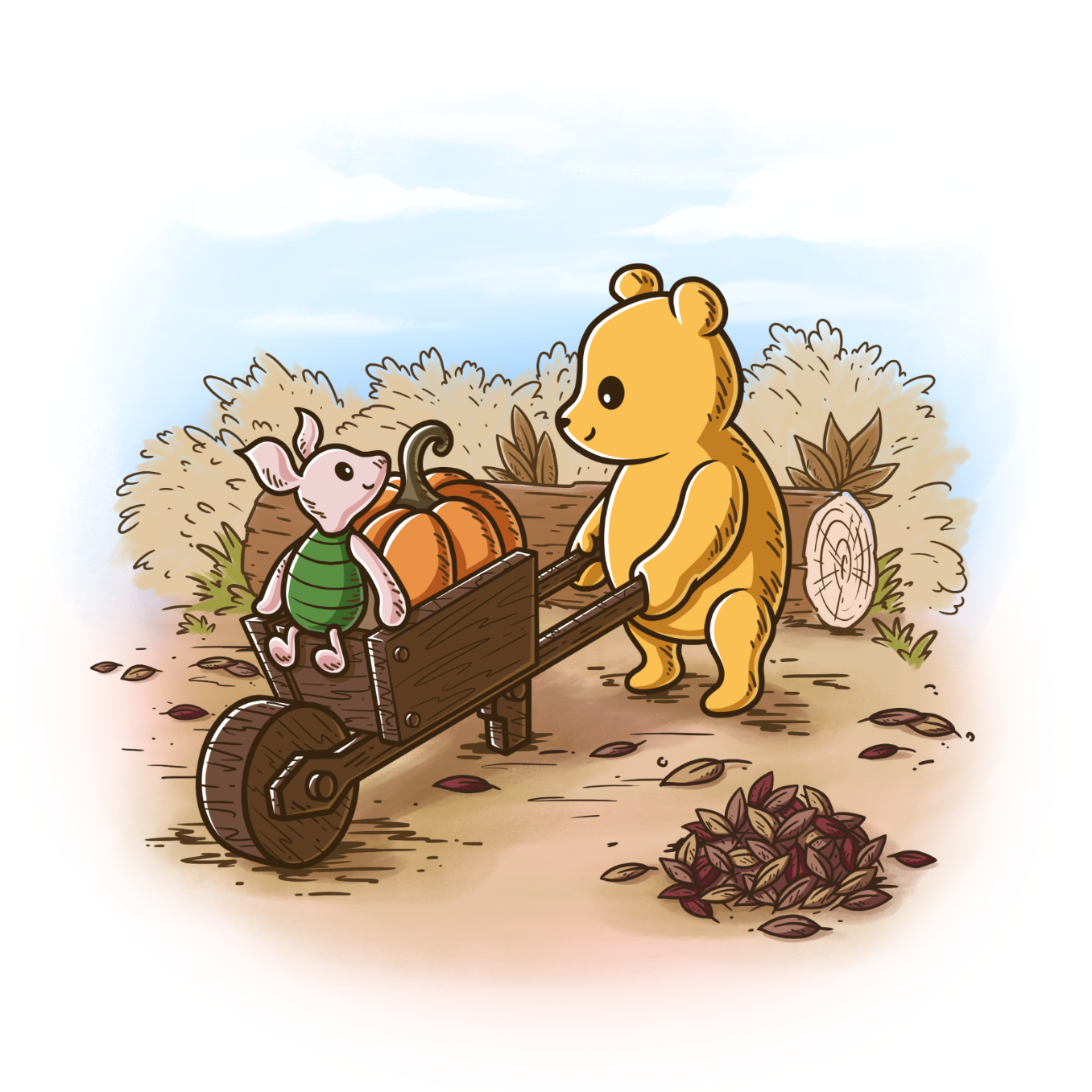 Premium Cotton T-shirt_TeeTurtle white A Perfect Autumn Day Premium Cotton T-shirt featuring a bear pulling a wagon filled with pumpkins while a little mouse rides along, surrounded by autumn bushes, fallen leaves, and tree stumps on a crisp fall day.