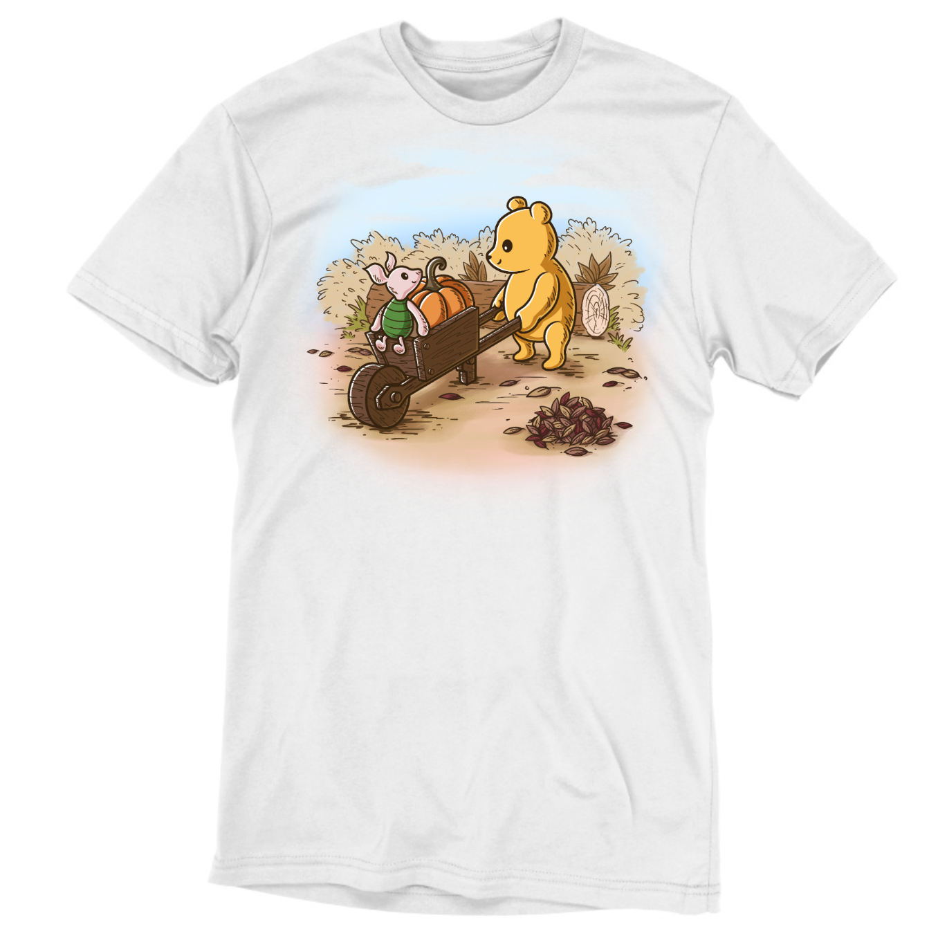 Premium Cotton T-shirt_TeeTurtle white A Perfect Autumn Day Premium Cotton T-shirt featuring a bear pulling a wagon filled with pumpkins while a little mouse rides along, surrounded by autumn bushes, fallen leaves, and tree stumps on a crisp fall day.
