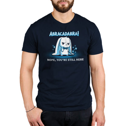 A Navy Blue Abracadabra t-shirt that says "aragdaa don't you stay here.