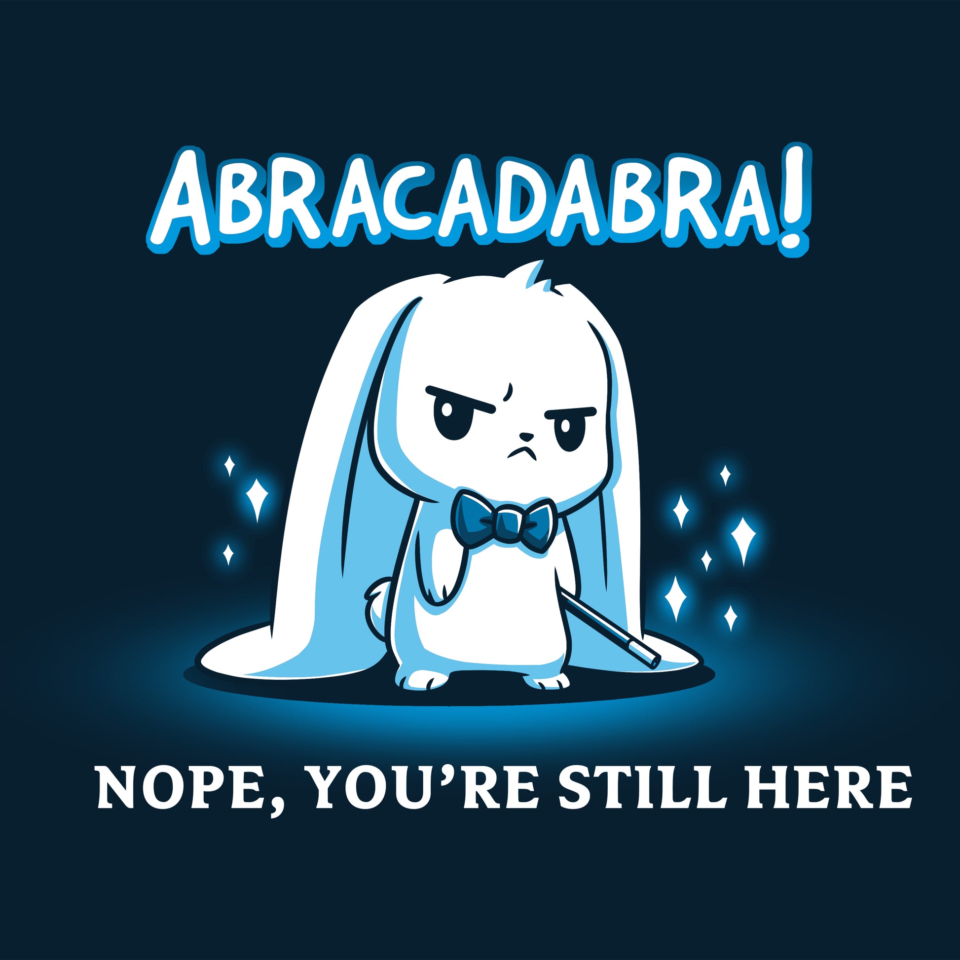 A cartoon bunny performing magic tricks while wearing a TeeTurtle navy blue Abracadabra t-shirt, surrounded by social creatures.