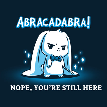 A cartoon bunny performing magic tricks while wearing a TeeTurtle navy blue Abracadabra t-shirt, surrounded by social creatures.