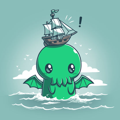 A green octopus with a TeeTurtle All Aboard Cthulhu ship on its head.