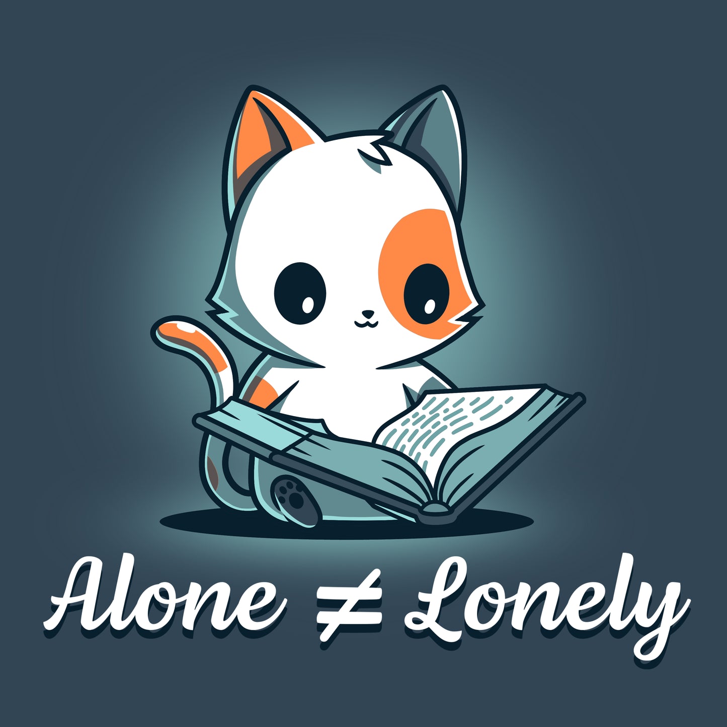 A TeeTurtle Alone Not Lonely cat reading a denim blue book.